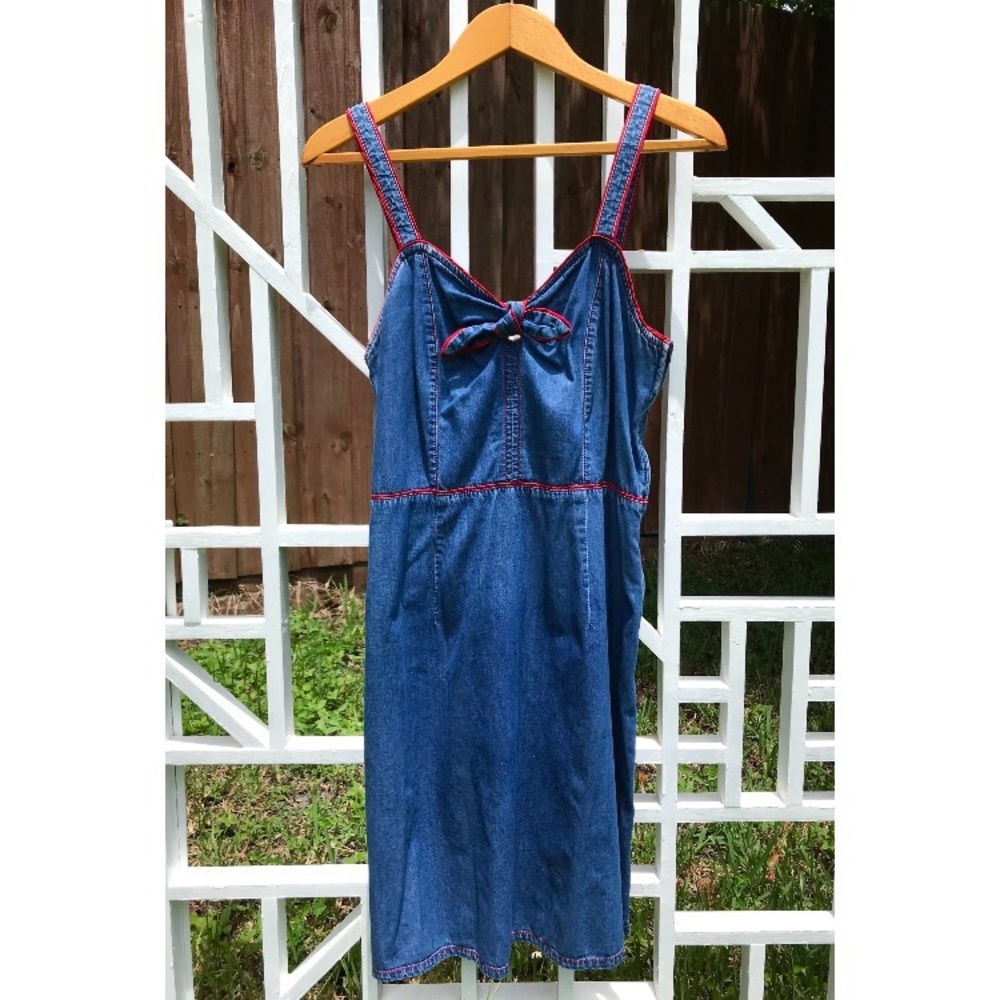Faded Glory Blue Denim Mini Dress with Pink Contrast Trim